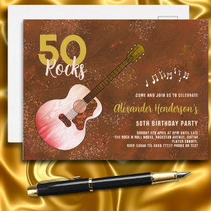 Postal De Invitación Guitarra Cumpleaños 50 del Rock and Roll Rústica