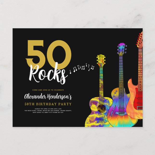Postal De Invitación Guitars 50 cumpleaños fiesta 50 Rocks (Anverso)
