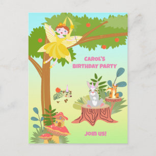 Postal De Invitación Hada del jardín con amigos mascotas Fiesta de cump