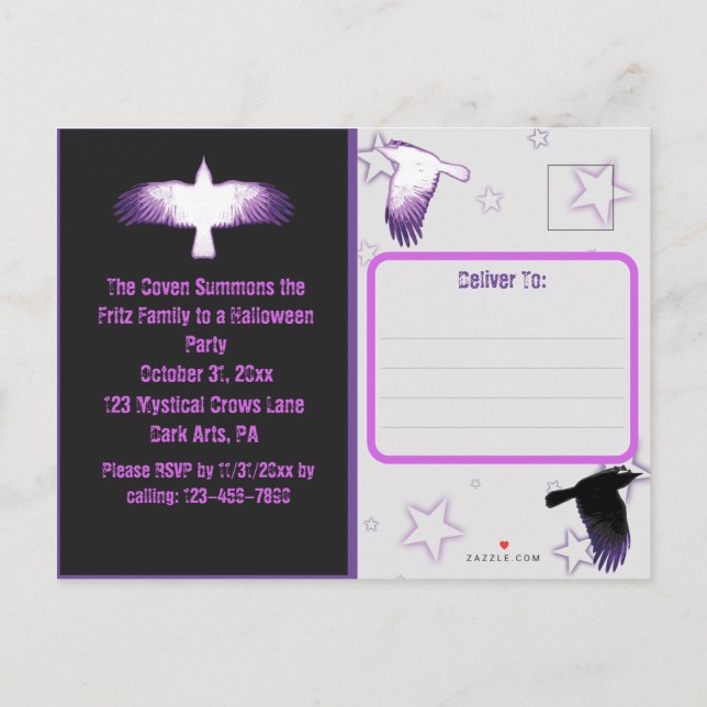 Postal De Invitación Halloween Black and Purple Crow (Reverso)