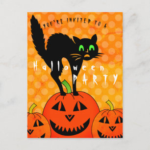 Postal De Invitación Halloween Black Cat Pumpkins Naranja Fiesta