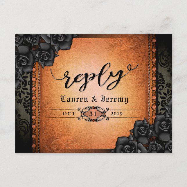 Postal De Invitación Halloween Black & Naranja Gothic Reply PostCard (Anverso)