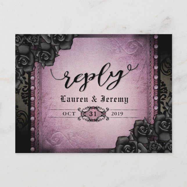 Postal De Invitación Halloween Black & Purple Gothic Reply PostCard (Anverso)