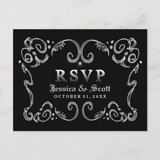 Postal De Invitación Halloween Black White Gothic Scroll RSVP (Anverso)