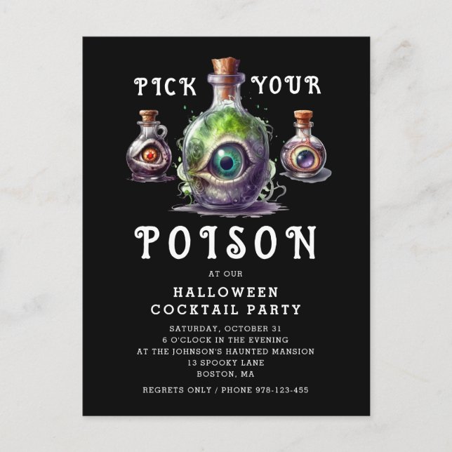 Postal De Invitación Halloween Cocktail Fiesta elige tu veneno (Anverso)