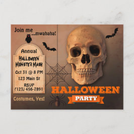 Postal De Invitación Halloween con bromas, murciélagos y arañas