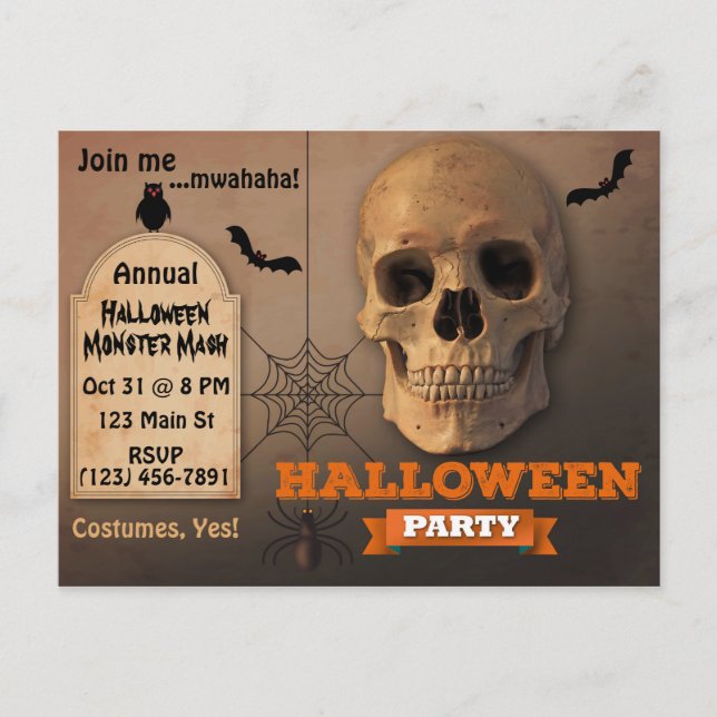 Postal De Invitación Halloween con bromas, murciélagos y arañas (Anverso)