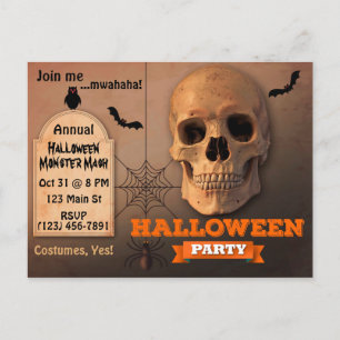 Postal De Invitación Halloween de espumosos cráneos, murciélagos y arañ