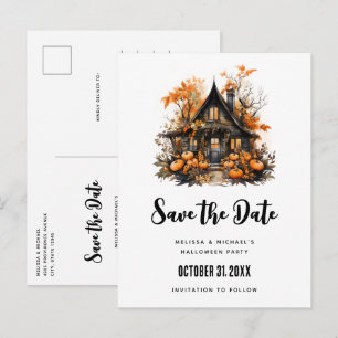 Postal De Invitación Halloween de la casa embrujada y calabazas salvan