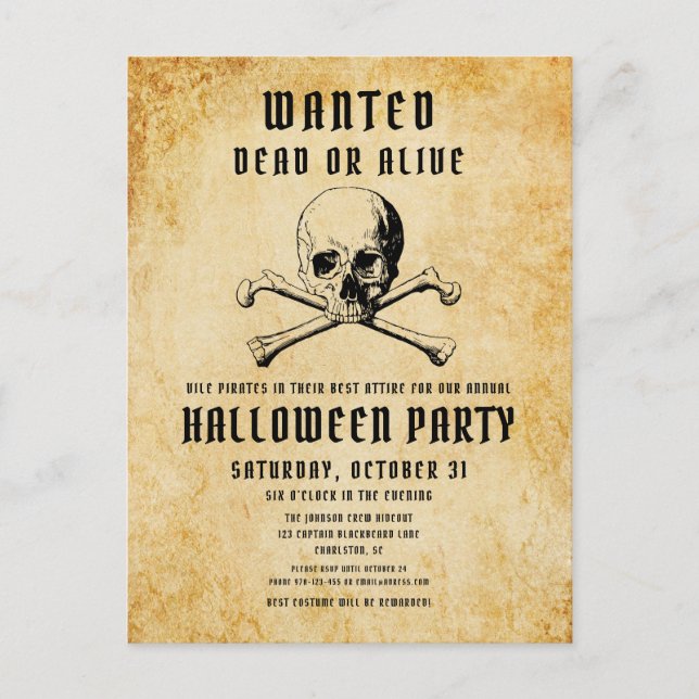 Postal De Invitación Halloween de los piratas y los huesos (Anverso)