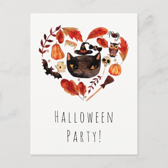 Postal De Invitación Halloween Party Black Cat Watercolor Whimsical (Anverso)