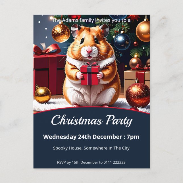 Postal De Invitación Hámster con Fiesta de Navidades de regalo (Anverso)
