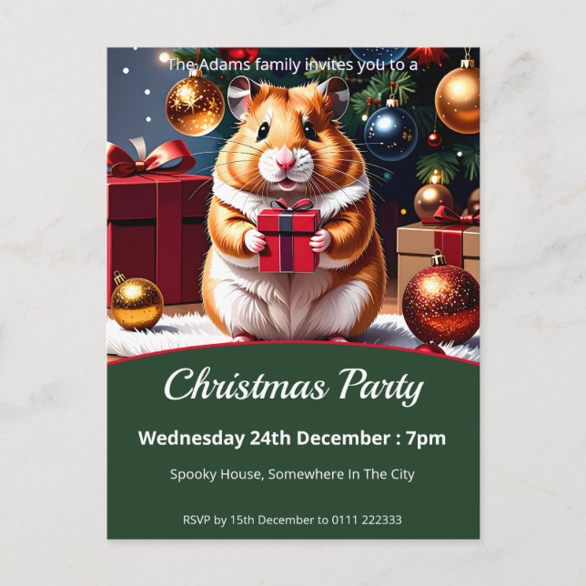 Postal De Invitación Hámster con Fiesta de Navidades de regalo (Anverso)