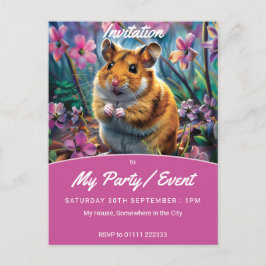 Postal De Invitación Hámster entre flores rosadas Fiesta / evento