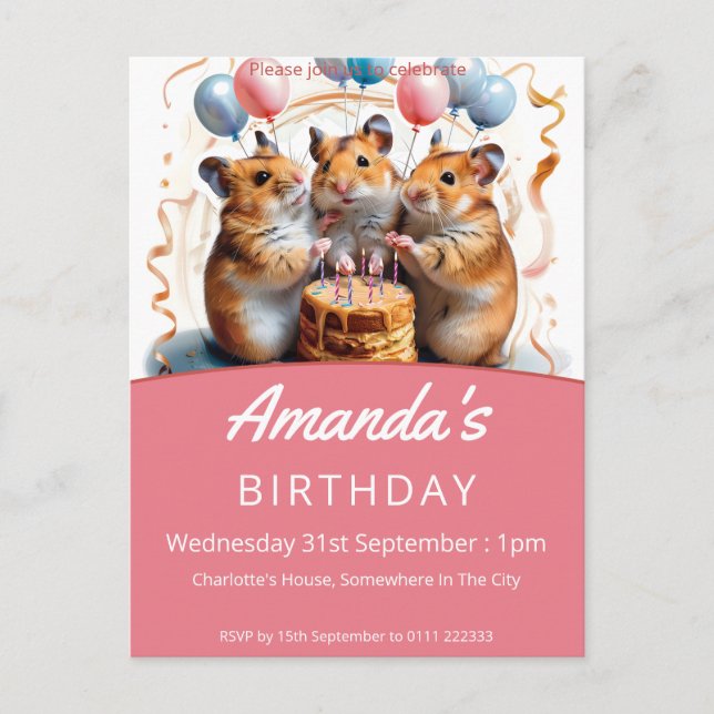 Postal De Invitación Hamsters Birthday Party (Anverso)