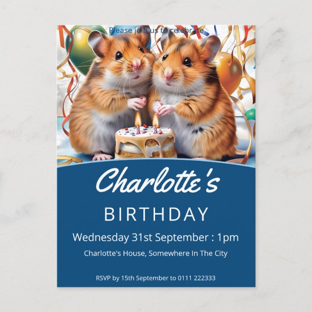 Postal De Invitación Hamsters Birthday Party (Anverso)
