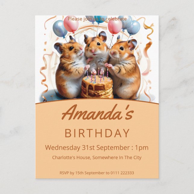 Postal De Invitación Hamsters Birthday Party (Anverso)