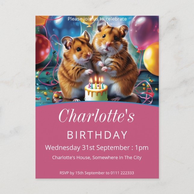 Postal De Invitación Hamsters Birthday Party (Anverso)