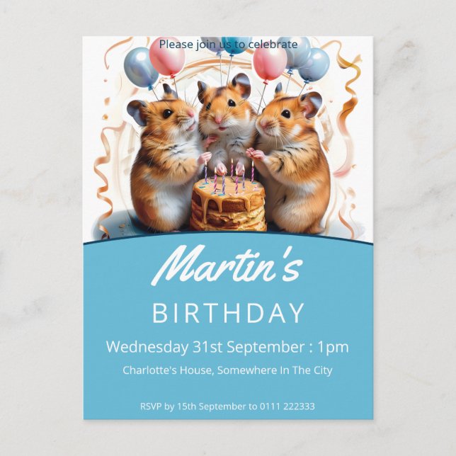 Postal De Invitación Hamsters Birthday Party (Anverso)