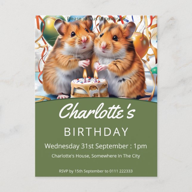 Postal De Invitación Hamsters Birthday Party (Anverso)