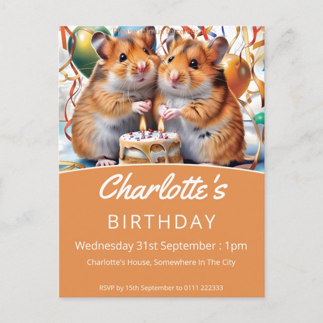 Postal De Invitación Hamsters Birthday Party (Anverso)