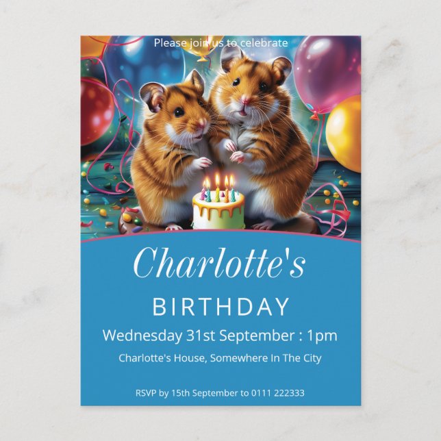 Postal De Invitación Hamsters Birthday Party (Anverso)