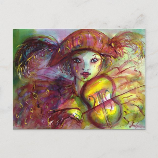 Postal De Invitación HARLEQUIN JUGANDO Música VIOLÍN, Fiesta de Mascara (Anverso)