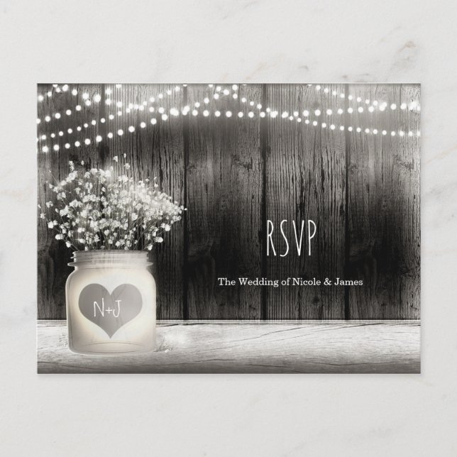 Postal De Invitación Heart Mason Jar & Babys Breath RSVP (Anverso)
