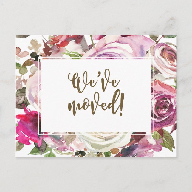 Postal De Invitación Hemos movido el cambio de dirección de color morad (Anverso)