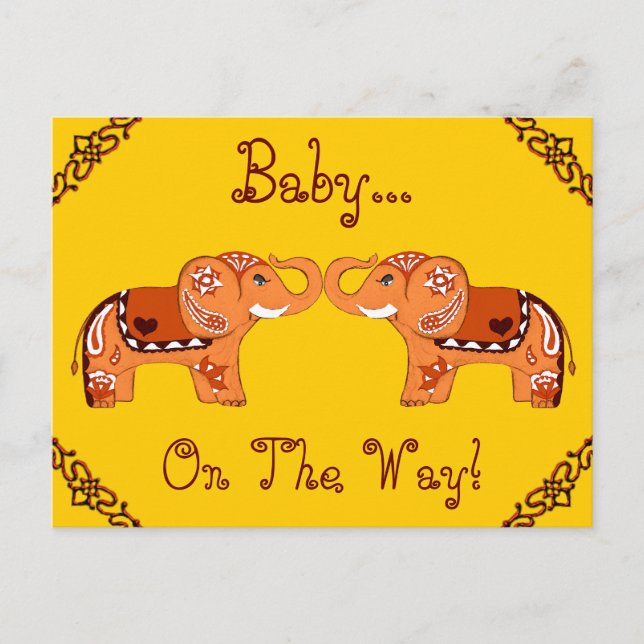 Postal De Invitación Henna Elephant (Naranja/Rojo) (Baby Shower) (Anverso)