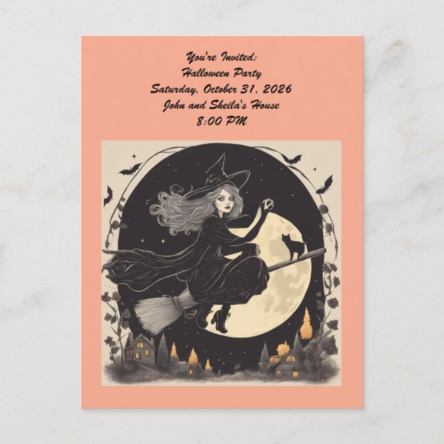 Postal De Invitación Hermosa almohada de bruja voladora (Anverso)
