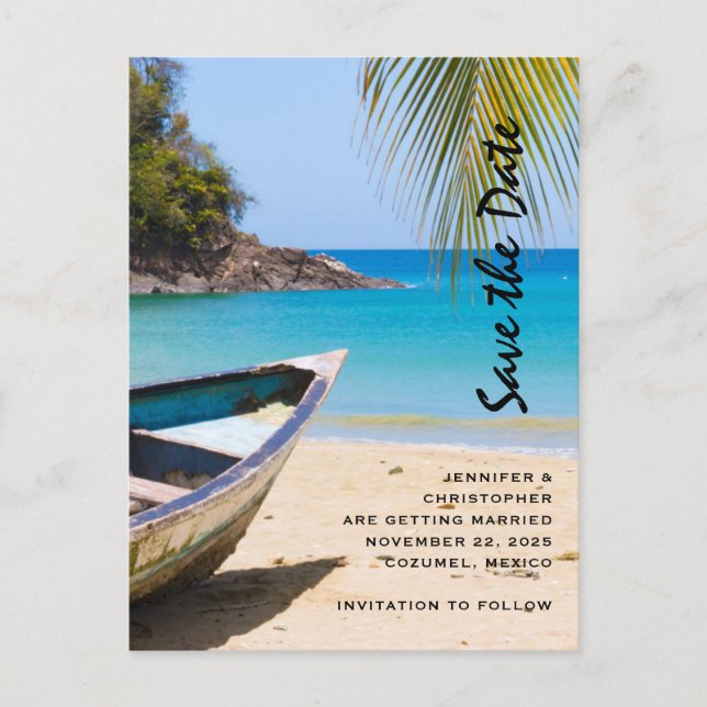 Postal De Invitación Hermosa boda tropical de playa salva la fecha (Anverso)