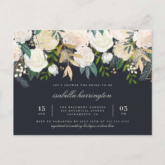 Postal De Invitación Hermosa ducha con flores de color dorado (Anverso)
