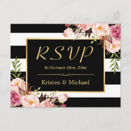 Postal De Invitación Hermosa floral Black Stripes White Wedding RSVP