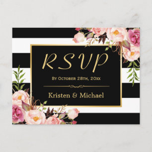 Postal De Invitación Hermosa floral Black Stripes White Wedding RSVP