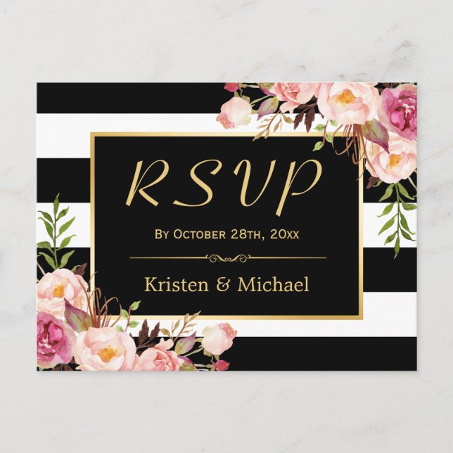 Postal De Invitación Hermosa floral Black Stripes White Wedding RSVP (Anverso)