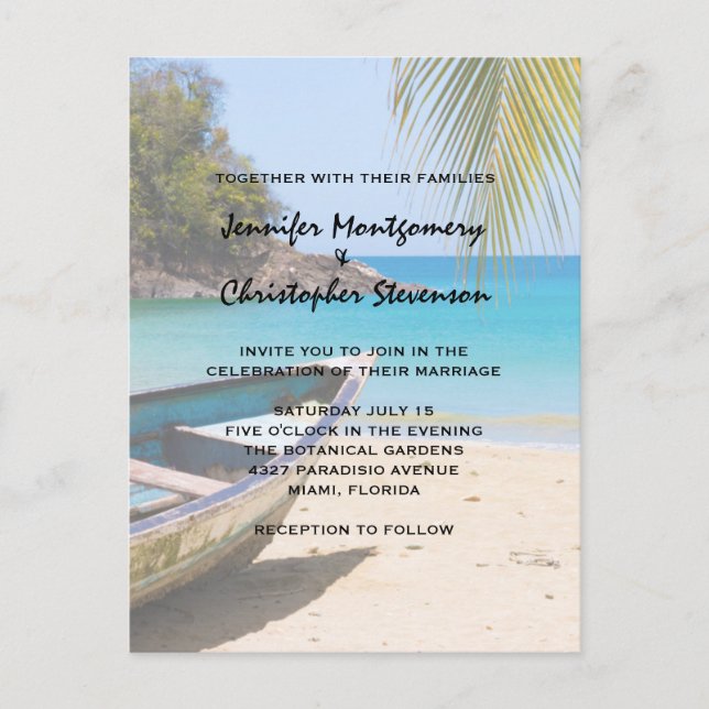 Postal De Invitación Hermosa playa tropical con un Boda en bote de remo (Anverso)