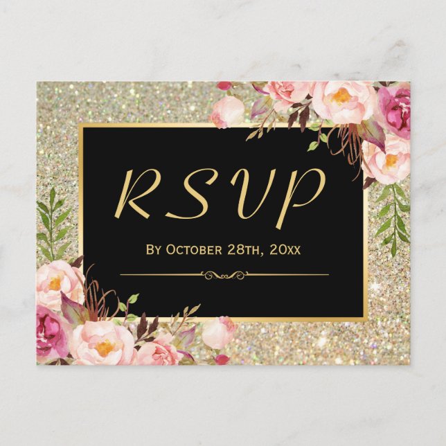 Postal De Invitación Hermosa respuesta de RSVP floral Purpurina de oro (Anverso)