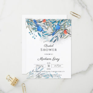 Postal De Invitación Hermosas aves acuarelas y ducha de novia follaje
