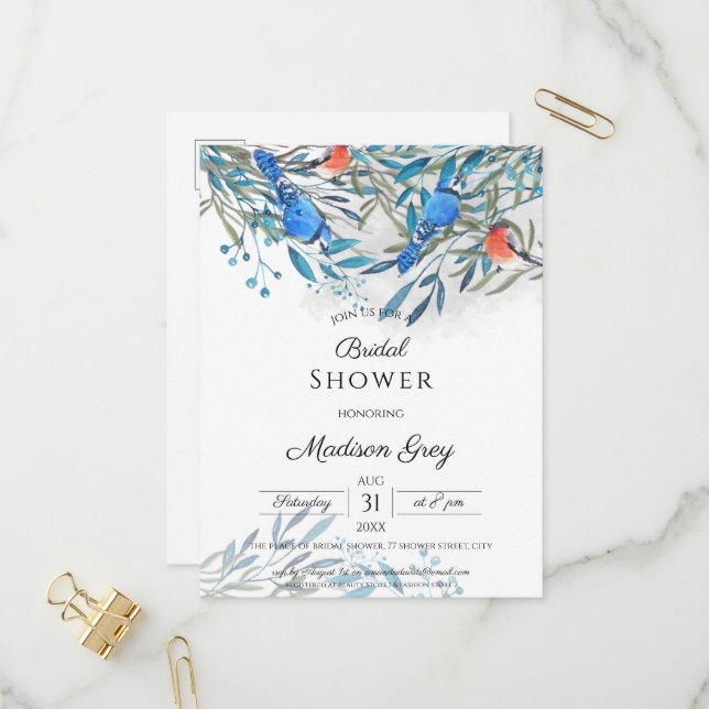 Postal De Invitación Hermosas aves acuarelas y ducha de novia follaje (Anverso/Reverso In Situ)