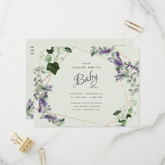 Postal De Invitación Hermoso Baby Shower de Lavender Foliage (Anverso/Reverso In Situ)