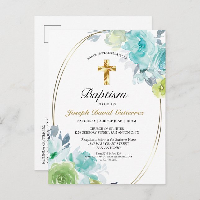 Postal De Invitación Hermoso Blue Floral Gold Cross Baptismo Bebé (Anverso / Reverso)