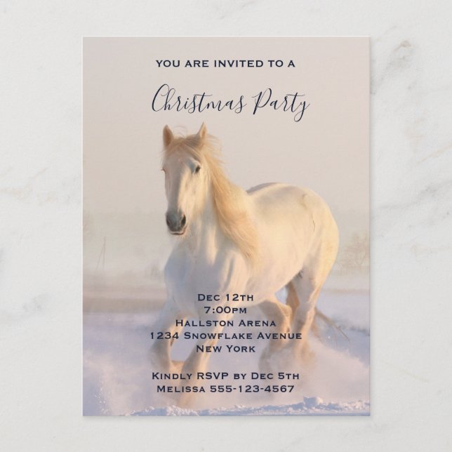 Postal De Invitación Hermoso caballo blanco en los Navidades de fotos d (Anverso)