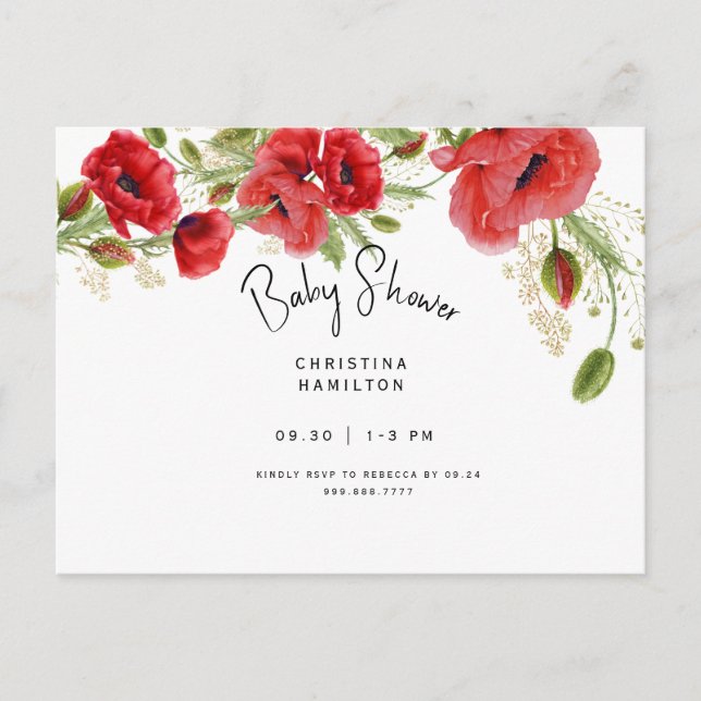 Postal De Invitación Hermoso Foliage Red Poppies Baby Shower Invitati (Anverso)