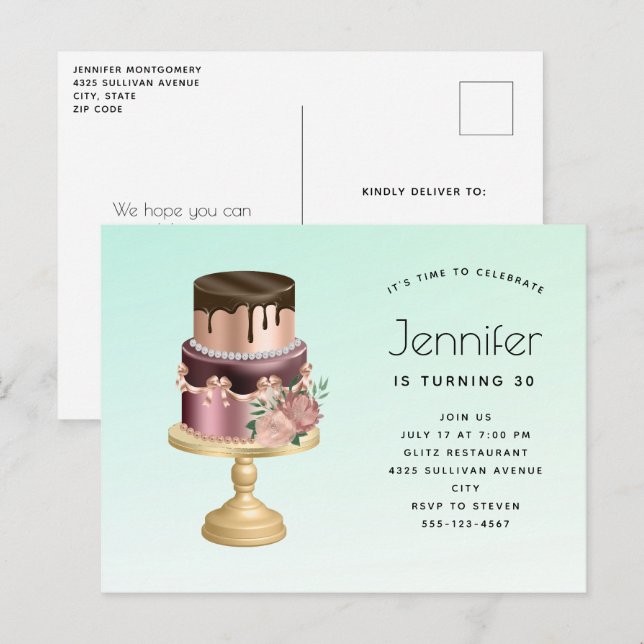 Postal De Invitación Hermoso Glam Fiesta Cake Cumpleaños (Anverso / Reverso)