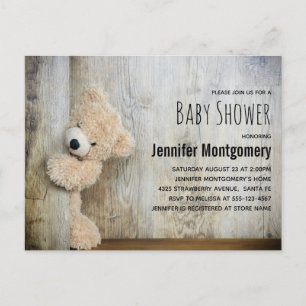 Postal De Invitación Hermoso oso de peluche Telón de madera rústica Bab