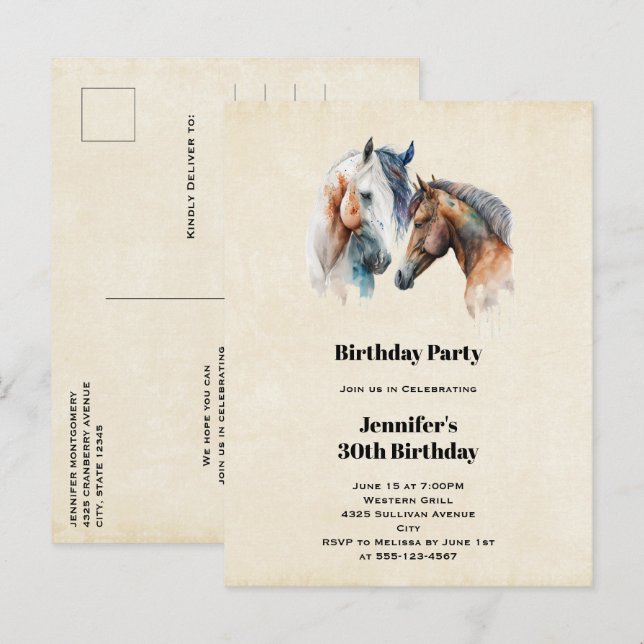 Postal De Invitación Hermosos caballos estilo Boho occidental Cumpleaño (Anverso / Reverso)