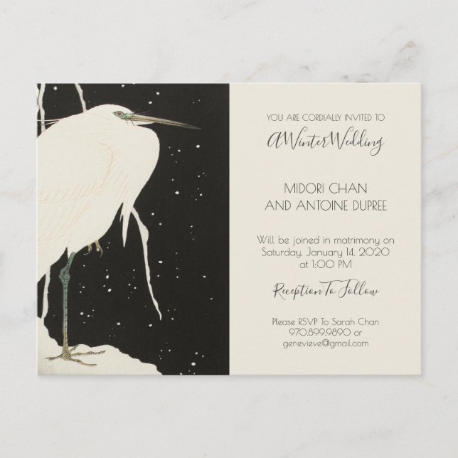 Postal De Invitación Heron Blanco En Boda De Nieve De Invierno (Anverso)