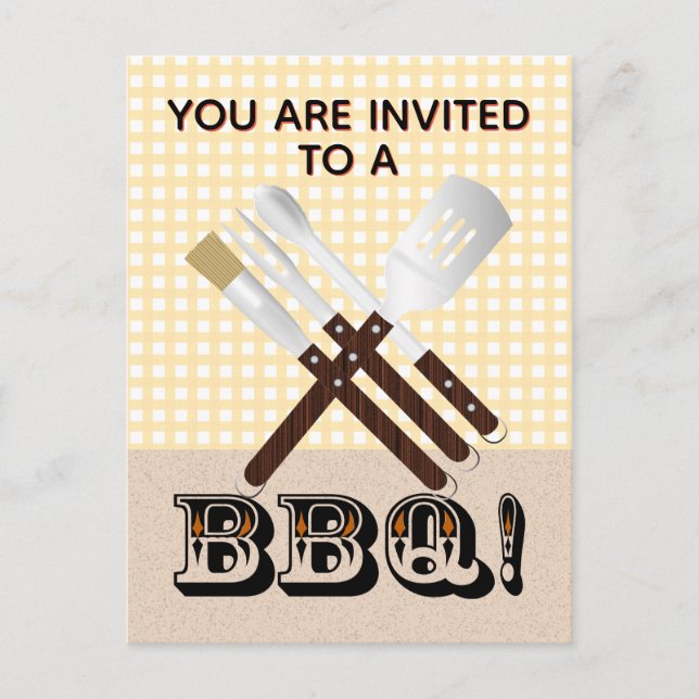 Postal De Invitación Herramientas modernas de parrillada en Gingham (Anverso)