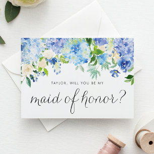 Postal De Invitación Hidrangea azul y doncella de honor floral Rosa de 